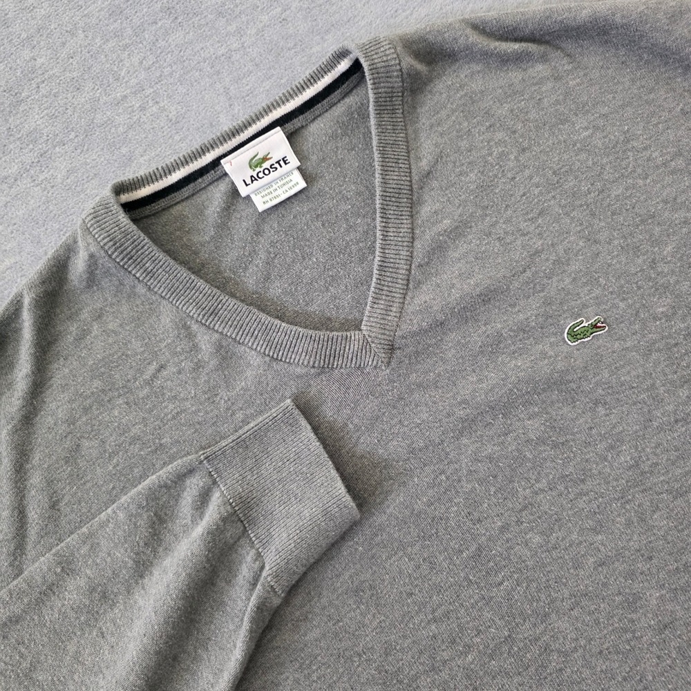 Lacoste Mens V-Neck Cotton Sweater Gray Embroidered Logo Size 7 F8425
